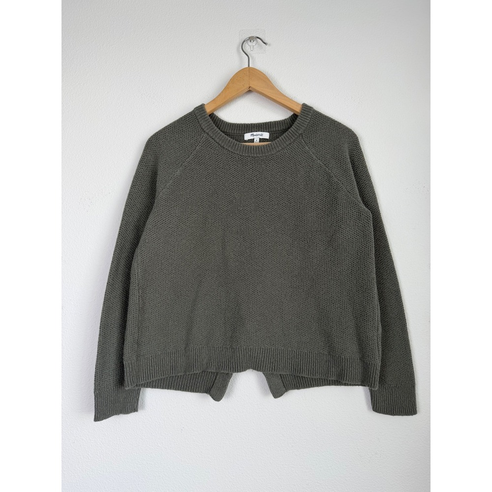 Madewell Womens Cotton Blend Knit Open Split Back Crewneck Sweater M Sage Green